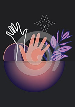 Composition of shapes and hands icon on black background