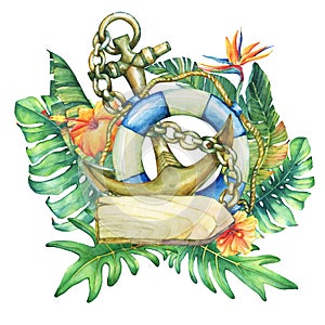 Composition with ship lifebuoy, anchor, nameplate, flowers and tropical plants.