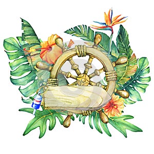 Composition with ship wheel, flowers and tropical plants.