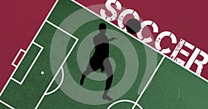 Composition of silhouette of football player over soccer text, football pitch on red background