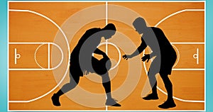 Composition of silhouettes of basketball players over basketball court