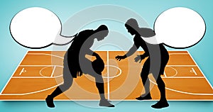 Composition of silhouettes of basketball players, speech bubbles and copy space on basketball court