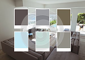 Composition of six colour swatches over modern interiors with sea view in background