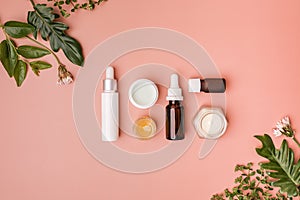 the composition of skincare, cosmetic, and beauty bottle. clean and organic beauty concept