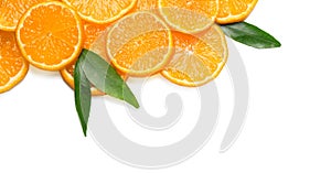 Composition with slices of fresh ripe tangerines and leaves on white background. Citrus fruit