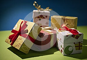Composition with small Christmas gift boxes.