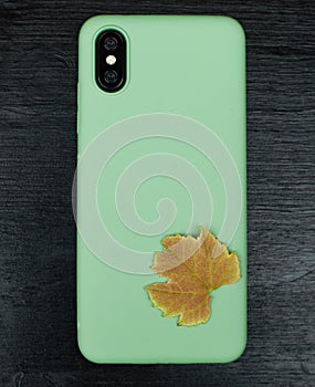 Composition with smartphone in unbranded mint / teal color case, headphones, green leaves of grape on black wooden table. Music lo