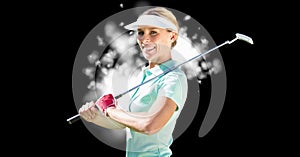 Composition of smiling caucasian female golf player with golf club over clouds on black background