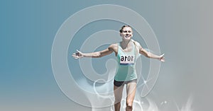 Composition of smiling female athlete running against blue light trails on blue background