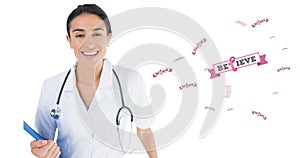 Composition of smiling female doctor with pink ribbon logo and breast cancer text on white