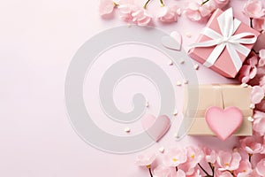 Composition soft pink for Valentine\'s Day, tied with ribbon gift box surrounded by blooming flowers, small hearts