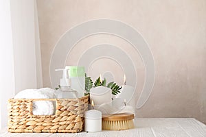 Composition with spa accessories on white background