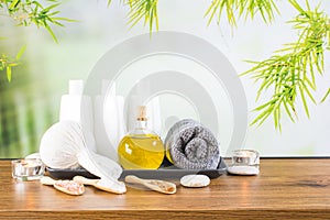 Composition of spa cosmetic products concept with Bamboo Forest