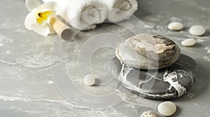 Composition of spa settings on gray background, spa stones, towels on grey