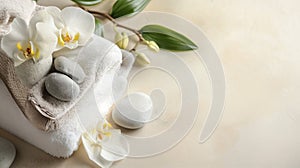 Composition of spa settings with orchid on gray background, spa stones, towels and orchid on grey