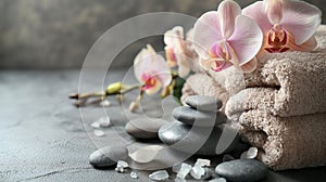 Composition of spa settings with orchid on gray background, spa stones, towels and orchid on grey