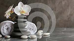 Composition of spa settings with orchid on gray background, spa stones, towels and orchid on grey