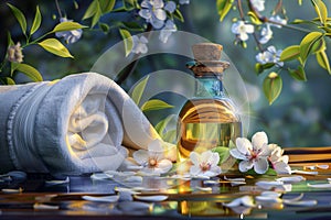 composition of spa treatment: bottle of massage oil with towel and flowers near blue swimpool