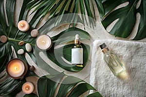 composition of spa treatment: bottle of oil with towel and candles on a large green leaf