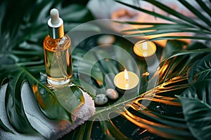 composition of spa treatment: bottle of oil with towel and candles on a large green leaf