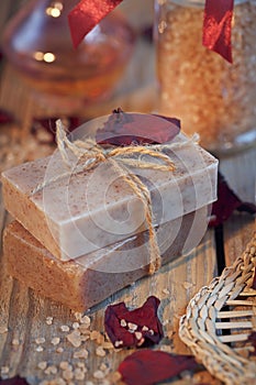 Composition of spa treatment. Natural handmade soap and sea salt