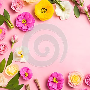 Composition of spring flowers for Mothers Day. Flat lay, top view, copy space.