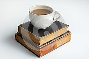 Composition with a stack of books and coffee mug on a white background Ai photo