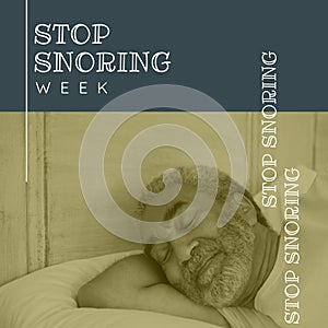 Composition of stop snoring week text over biracial man sleeping in bed