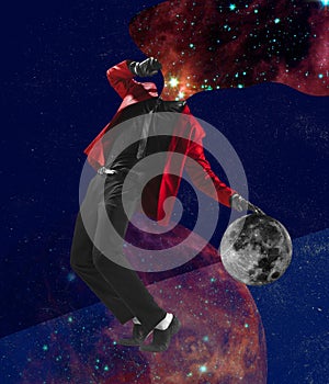 Composition with stylsih man playing basketball with planet on outer space background. Concept of astronautics, dreams