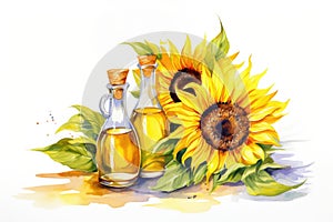 Composition of sunflower oil in bottles and sunflowers. In watercolor style. AI Generated.