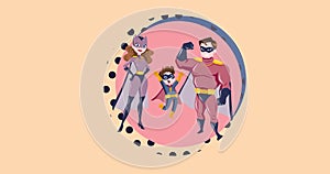 Composition of superhero family on pink background