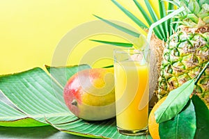 Composition Tall Glass with Freshly Squeezed Tropical Fruit Juice with Straw Pineapple Coconut Mango Orange on Large Palm Leaf