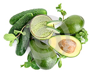 Composition with tasty avocado smoothie and fresh fruits on white background