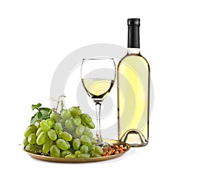 Composition with tasty wine and fresh grapes on white background