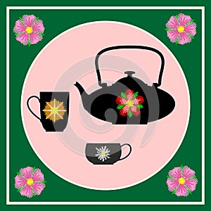 Composition with teapot and two cups on round tablecloth. Vector drawing