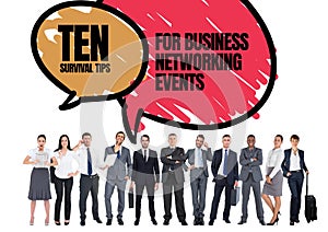 Composition of ten survival tips text in brown and red speech bubbles with business people, on white