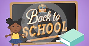 Composition of text back to school with pencil, cartoon schoolgirl, book and chalkboard