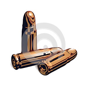 Composition from Three 3d golden or brass pistol cartridges. Isolated realistic on white background. Isolated gold cartridge with
