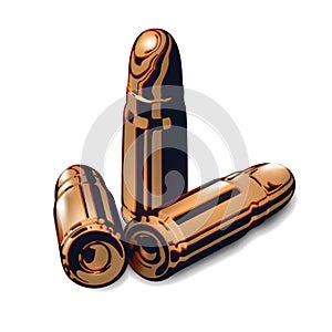 Composition from Three 3d golden or brass pistol cartridges. Isolated realistic on white background. Isolated gold cartridge with