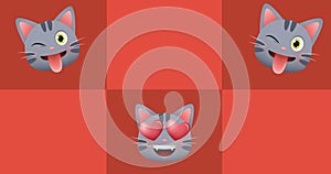 Composition of three cats over red checkered background