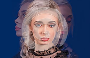 Composition of Three Faces of the Same Platinum Blonde Hair Woman With Blue Eyes and Augmented Lips, Painted With Coral Lipstick.