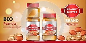 Composition of three jars with peanut butter. Place for text. Bio. On Sale. Realistic. 3D Mockup