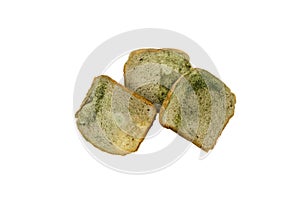 Composition of three slices of white bread with mold isolated on white background