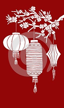 Composition with three traditional Chinese paper lanterns on tree branch. Hand drawn vector sketch illustration