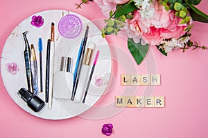 Composition of tools for eyelash extensions, inscription Lashmaker