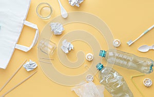 Composition top view, organic garbage and plastic, processing and sorting