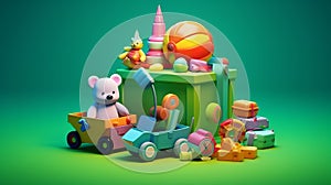 Composition of toys and items related to newborn baby boys with vivid colors background