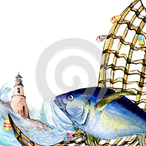 Composition of tuna and fishnet watercolor illustration isolated on white.