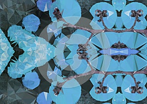 Composition of turquoise kaleidoscopic shapes on dark grey textured background