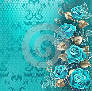 Composition with turquoise roses on blue background
